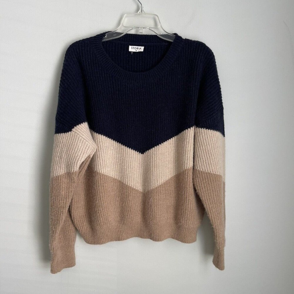 Storia Womens Navy Beige Long Sleeve Pullover Sweater